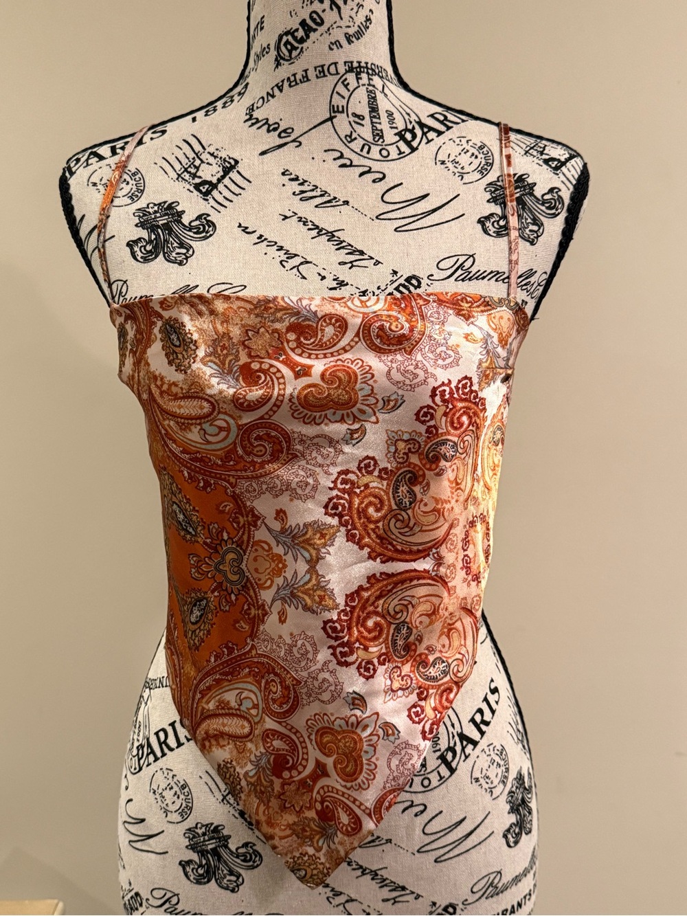 Satin Paisley Handkerchief Top with Adjustable Spaghetti Straps - Orange Multi
